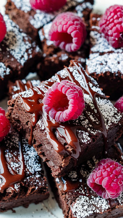 Cake chocolate brownies and raspberriesの素材