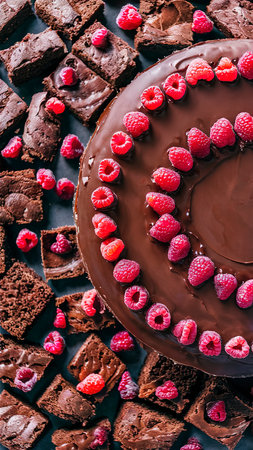 Cake chocolate brownies and raspberriesの素材