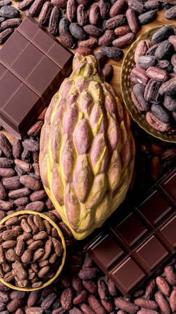 Cacao fruit decorated with fresh and dry cacao beans and cacao products cacao butter and chocolateの素材