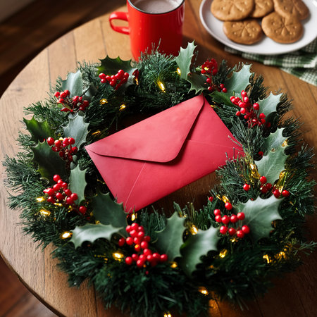 christmas wreath and red envelopeの素材