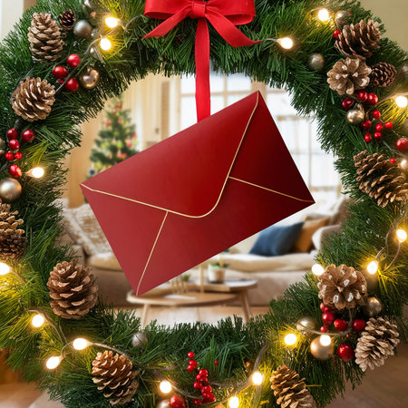 christmas wreath and red envelopeの素材