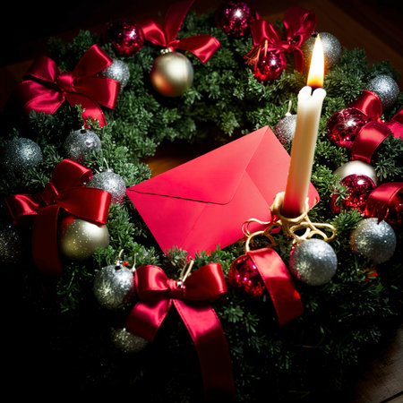 christmas wreath and red envelopeの素材