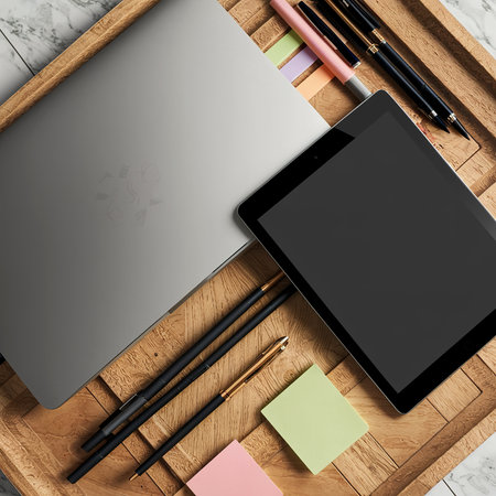flat lay laptop digital tabletの素材