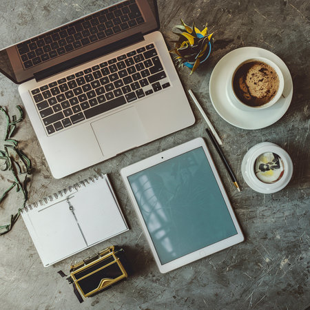flat lay laptop digital tabletの素材