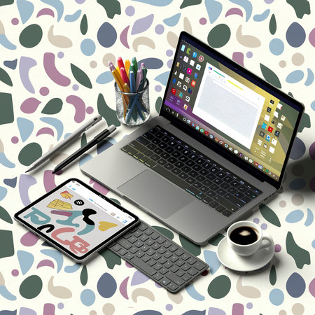 flat lay laptop digital tabletの素材