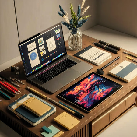 flat lay laptop digital tabletの素材