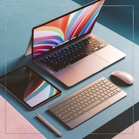 flat lay laptop digital tabletの素材