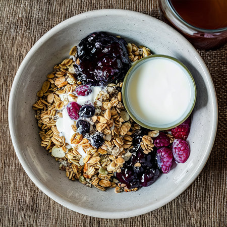 Granola breakfast in ceramic bowl served with fresh milk, cranberry jam and black tea over brown texture backgroundの素材