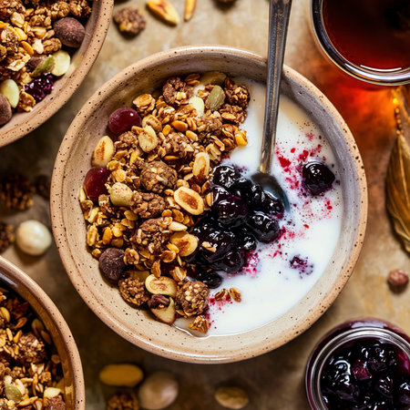 Granola breakfast in ceramic bowl served with fresh milk, cranberry jam and black tea over brown texture backgroundの素材