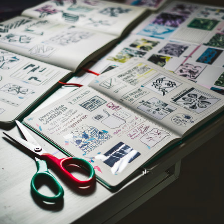 high angle view notebook scissorsの素材