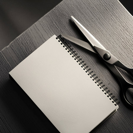 high angle view notebook scissorsの素材