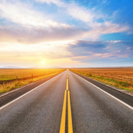highway road , transportation roadtrip concept. on asphalt expressway with sunrise skyの素材