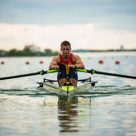 Intense rower stroke glistening water vivid jersey precision and power in rowing momentの素材