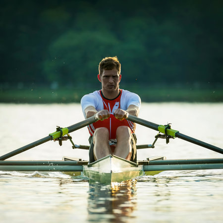 Intense rower stroke glistening water vivid jersey precision and power in rowing momentの素材