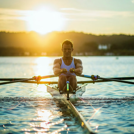 Intense rower stroke glistening water vivid jersey precision and power in rowing momentの素材