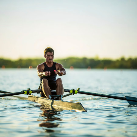 Intense rower stroke glistening water vivid jersey precision and power in rowing momentの素材