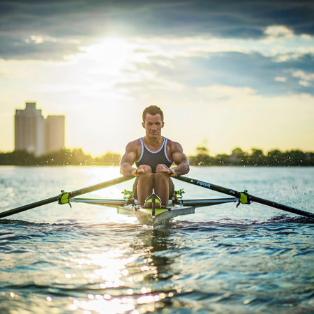 Intense rower stroke glistening water vivid jersey precision and power in rowing momentの素材
