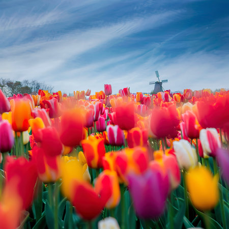 selective focus colorful tulips fieldの素材
