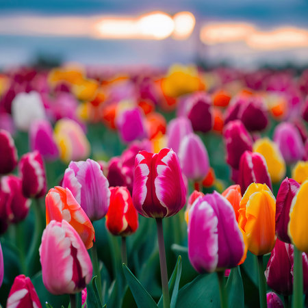 selective focus colorful tulips fieldの素材