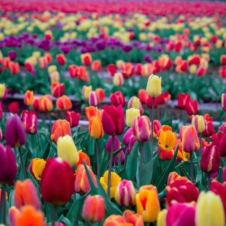selective focus colorful tulips fieldの素材