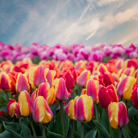 selective focus colorful tulips fieldの素材