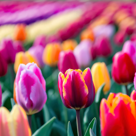 selective focus colorful tulips fieldの素材