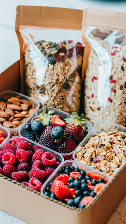 Box with products for healthy breakfast. Muesli, oatmeal, dried fruit, fresh berries and nuts.の素材