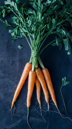 Bunch of fresh organic carrots with green leaves over dark texture backgroundの素材