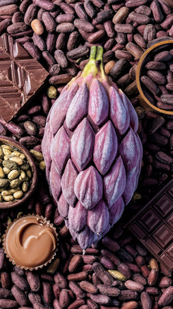 Cacao fruit decorated with fresh and dry cacao beans and cacao products cacao butter and chocolateの素材