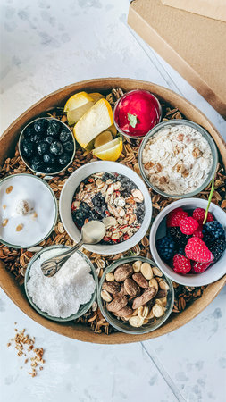 Box with products for healthy breakfast. Muesli, oatmeal, dried fruit, fresh berries and nuts.の素材