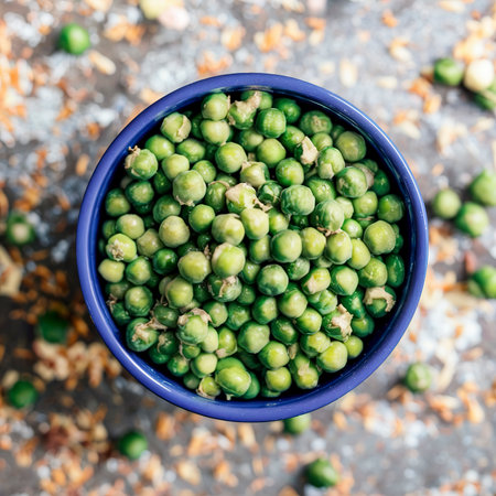 Fresh organic peas in a blue cupの素材