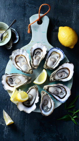 Fresh oysters on a cutting Board with slices of lemon. On dark rustic backgroundの素材