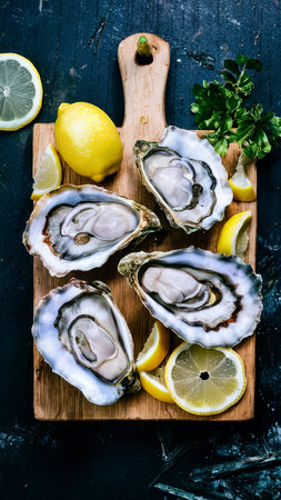 Fresh oysters on a cutting Board with slices of lemon. On dark rustic backgroundの素材
