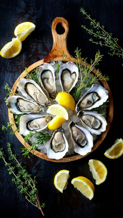 Fresh oysters on a cutting Board with slices of lemon. On dark rustic backgroundの素材