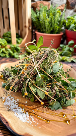 Fresh organic Oregano and Thyme decorated with dry thyme and oregano, thyme vinegar and saltの素材