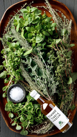 Fresh organic Oregano and Thyme decorated with dry thyme and oregano, thyme vinegar and saltの素材