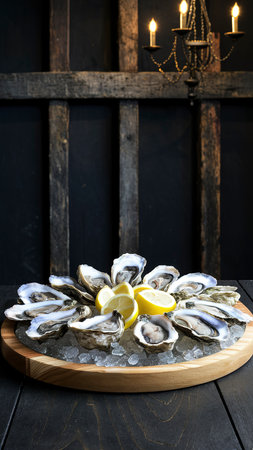 Fresh oysters on a cutting Board with slices of lemon. On dark rustic backgroundの素材