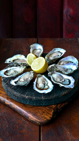 Fresh oysters on a cutting Board with slices of lemon. On dark rustic backgroundの素材