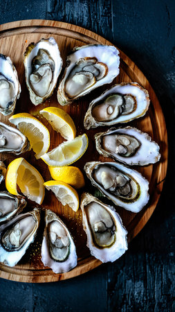 Fresh oysters on a cutting Board with slices of lemon. On dark rustic backgroundの素材