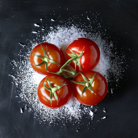 Fresh tomatoes and salt on a black backgroundの素材