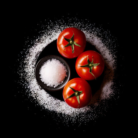 Fresh tomatoes and salt on a black backgroundの素材