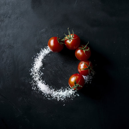 Fresh tomatoes and salt on a black backgroundの素材