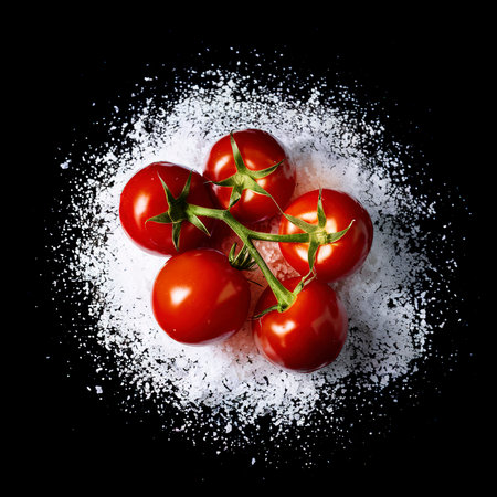 Fresh tomatoes and salt on a black backgroundの素材