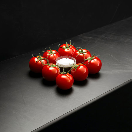 Fresh tomatoes and salt on a black backgroundの素材