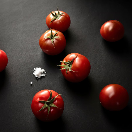 Fresh tomatoes and salt on a black backgroundの素材