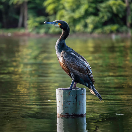Great cormorant, Phalacrocorax carbo, standing peacefully on a pylon upon the lakeの素材