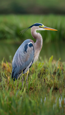 Grey heron, ardea cinerea, in a meadowの素材