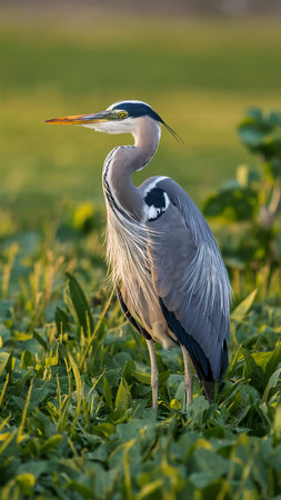 Grey heron, ardea cinerea, in a meadowの素材
