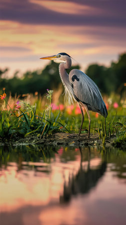 Grey heron, ardea cinerea, in a meadowの素材