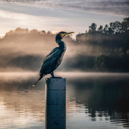 Great cormorant, Phalacrocorax carbo, standing peacefully on a pylon upon the lakeの素材